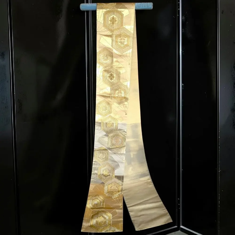 Vintage Japanese Fukuro Obi Silk Gold Silver Brocade Kikko Hexagon 158